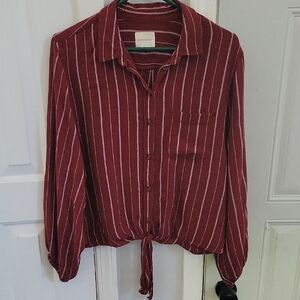 American Eagle Striped Burgundy Button-Up Blouse